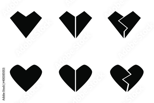 Set of six different black hearts - whole hearts and broken hearts for different designs purposes. Various geometry, monochromatic color and minimalism.