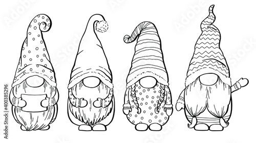 Christmas gnomes sketch set on white background. Winter season illustration.