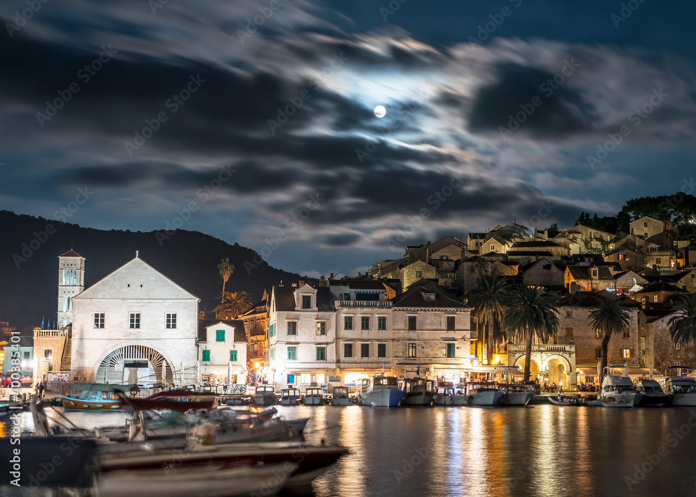 Full moon night on the coast of Hvar Island in Croatia