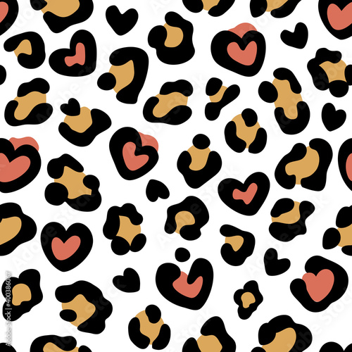 Leopard print with hearts. Seamless leopard pattern. Leopard spots. Abstract animal print. Vector