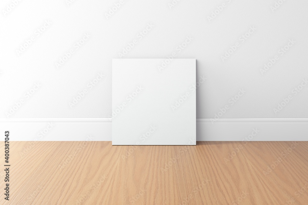 empty white square canvas with white wall and wood floor empty white square canvas with white wall and wood floor