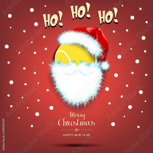Merry Christmas and Happy New Year. Santa in the form of a tennis ball. Tennis ball with beard and santa hat. Greeting card design template with for new year. Vector illustration