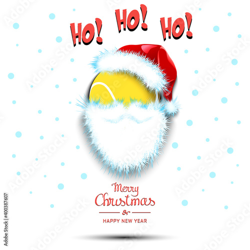 Merry Christmas and Happy New Year. Santa in the form of a tennis ball. Tennis ball with beard and santa hat. Greeting card design template with for new year. Vector illustration