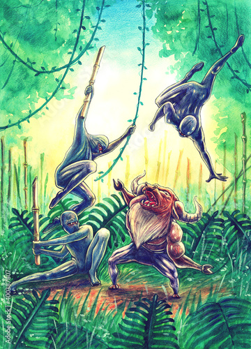 Ninjas or samurais personages fights with angry bull in jungle forest or bamboo fern drawing art by watercolor painting, hand drawn illustration with asian fighters battle in cartoon comics style. 