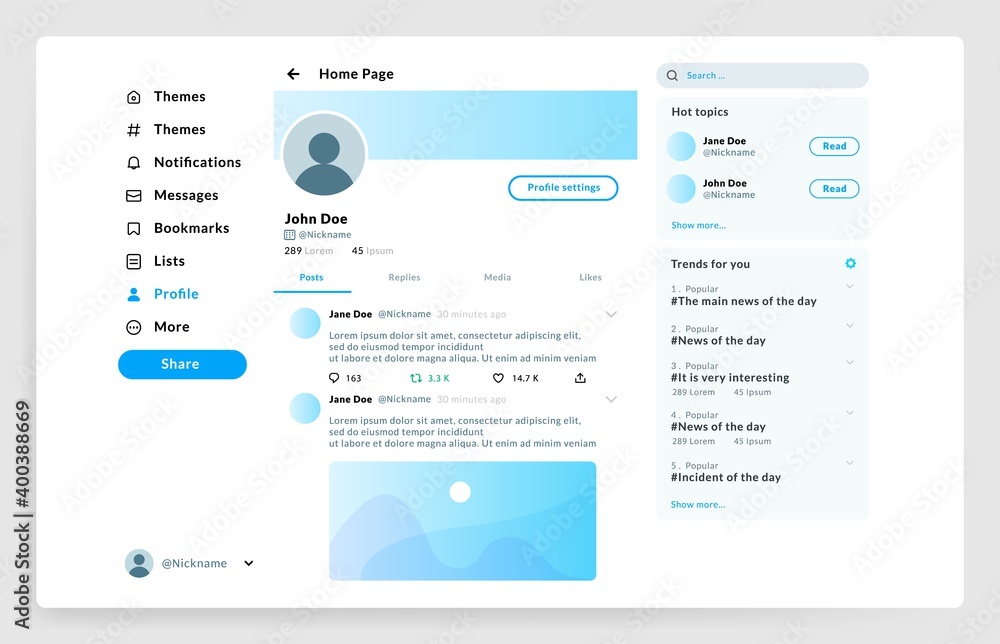Social page interface. User profile UI mockup. Network account with control menu and profile photo, topics or place for posts. Web template with text and buttons, vector application