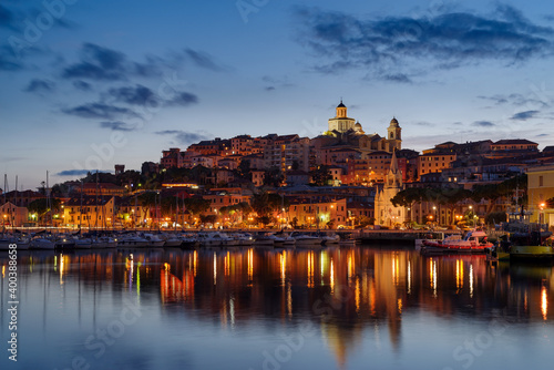 Townscape of the old town of Imperia at dusk, Liguria, Italy