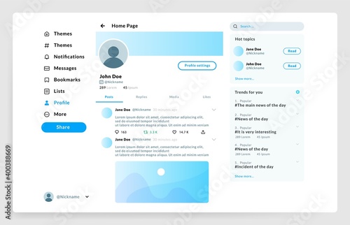 Social page interface. User profile UI mockup. Network account with control menu and profile photo, topics or place for posts. Web template with text and buttons, vector application © SpicyTruffel