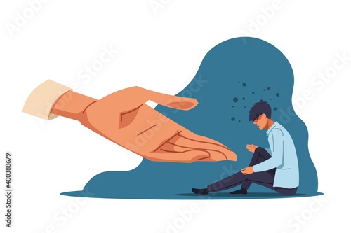 Human help. Anxiety person in depression and supporting hand. Confused man sitting on the floor. Mental health and human empathy. Psychological or psychiatric therapy, vector concept