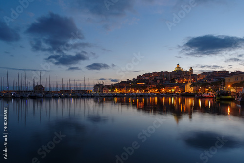 Townscape of the old town of Imperia at dusk, Liguria, Italy