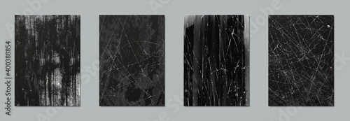 Scratch texture. Realistic grunge elements with battered effect, black surface with worn paint and overlay white lines. Old rough background for vintage posters or advertising, vector set