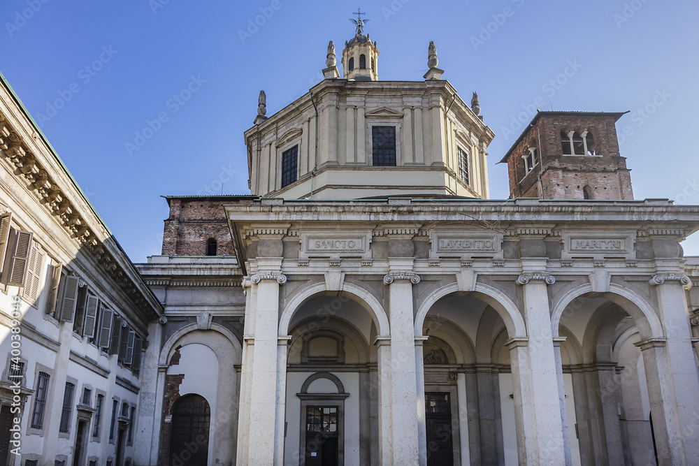 Basilica of San Lorenzo Maggiore (Saint Lawrence) in Milan, Italy. Basilica of San Lorenzo Maggiore originally built in Roman times and subsequently rebuilt several times.