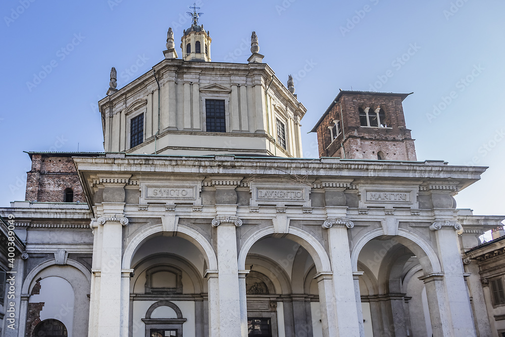 Basilica of San Lorenzo Maggiore (Saint Lawrence) in Milan, Italy. Basilica of San Lorenzo Maggiore originally built in Roman times and subsequently rebuilt several times.