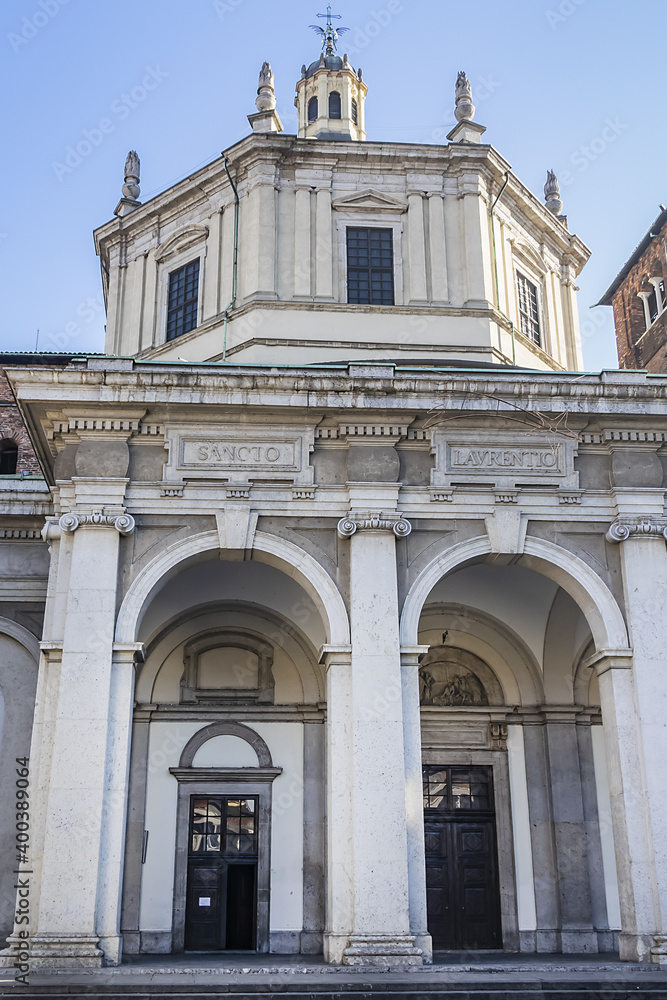 Basilica of San Lorenzo Maggiore (Saint Lawrence) in Milan, Italy. Basilica of San Lorenzo Maggiore originally built in Roman times and subsequently rebuilt several times.