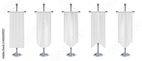 Vertical flag banner. Realistic hanging white cloth on stand. Empty exhibition pennant, fabric signs for advertising. Collection of textile templates for logo and branding, vector set