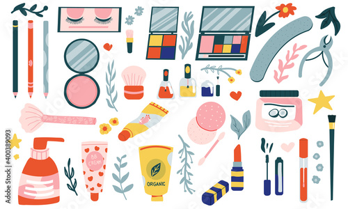 Cartoon cosmetic. Doodle hand drawn beauty products. Shampoo and lotion, mascara or lipstick. Collection for makeup and body care. Eyeshadow palette and nail polish, vector minimal set