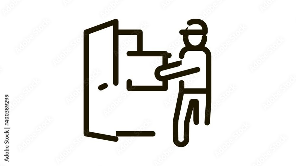 Courier with Box Enters Door Icon Animation. black Courier with Box Enters Door animated icon on white background Courier with Box Enters Door Icon Animation. black Courier with Box Enters Door animated icon on white background