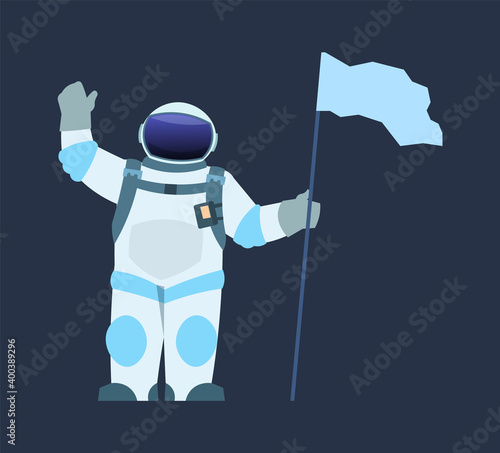 Astronaut with flag. Cartoon spaceman waving hand and holding pennant. Cosmonaut wearing spacesuit with helmet. Interstellar journey and universe explore. Vector spacewalk illustration