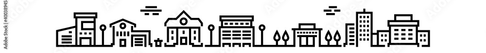 City outline landscape. Minimal cityscape. Contour black and white houses, street lamps and park trees. Row of residential or office buildings. Decorative template, vector urban panorama City outline landscape. Minimal cityscape. Contour black and white houses, street lamps and park trees. Row of residential or office buildings. Decorative template, vector urban panorama