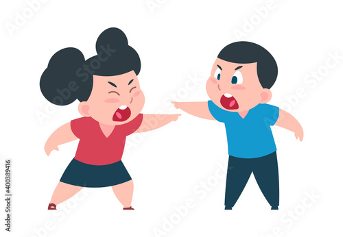 Children quarrel. Cartoon boy and girl arguing, shouting and waving hands, pointing accusingly. Aggressive emotion expression, relationship conflicts. Kids behavior, vector illustration