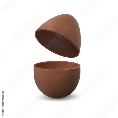 Chocolate egg. Broken realistic eggshell with two halves, traditional easter chicken eggs dessert, milk and cacao kids confectionery, candy with surprise vector isolated on white illustration