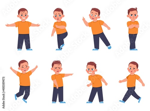 Boy expressions. Cartoon little kid character laughing and crying, child with different emotions, sad happy and confused expressions. Vector cute comic kid set