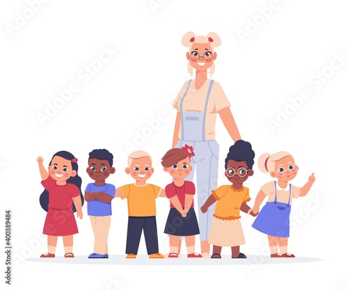 Teacher with kids. Happy children and young female educator standing in row. Cute smiling boys and girls with nanny. Cheerful group of people in school, vector childhood illustration