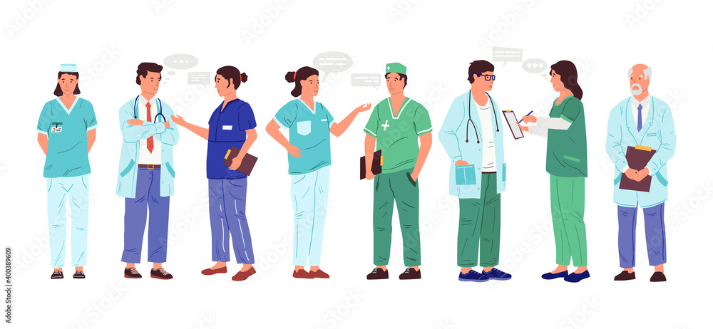 Nurse and doctor. Cartoon medical workers with speech bubbles. Isolated men and women talking. Employees wear uniform in hospital. People stand in row and speak, vector communication set