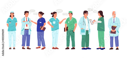 Nurse and doctor. Cartoon medical workers with speech bubbles. Isolated men and women talking. Employees wear uniform in hospital. People stand in row and speak, vector communication set
