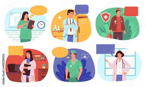 Doctors with speech bubbles. Medical stuff, hospital workers recommendations. Men and women wear uniform in clinic. Colorful frames for health care advices and copy space, vector set