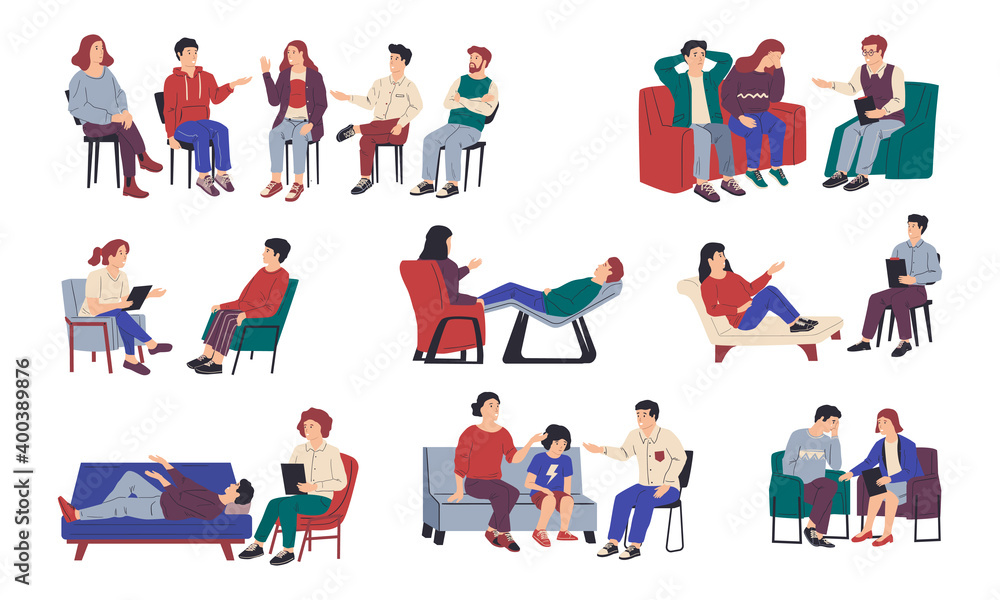 Psychology therapy. Family and individual or group meeting with psychologist. Isolated people sitting on chair or lying on couch and talking with doctor. Frank conversation, vector set