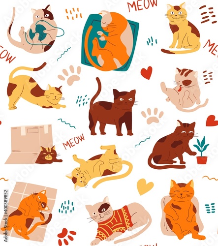 Cat pattern. Seamless texture of kittens, cartoon hand drawn pets. Animal activities, kitty sleep and play or hiding in box. Decorative signs, paw marks and meows, vector textile template
