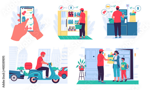 Food delivery. Products order service, mobile application. Courier buying goods in supermarket with shopping list, driving motorbike and transferring purchases to customer, vector set