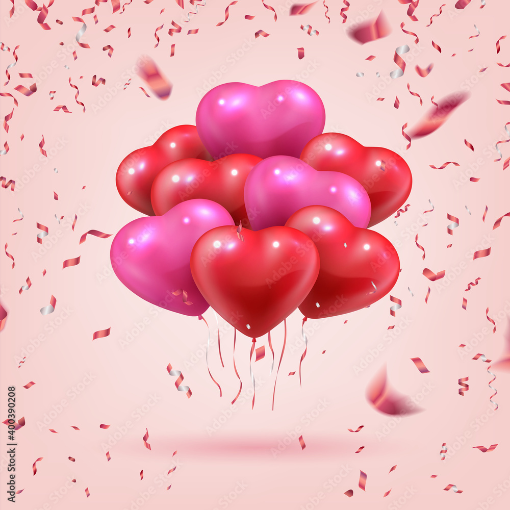 Flying heart shaped balloons. Realistic 3D bouquet for Valentine or mothers day. Holiday fun and congratulations. Romantic greeting decorative elements and confetti, vector illustration