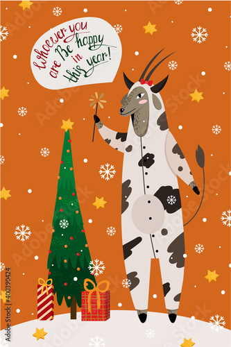 New year card with zodiac goat in pajamas in the form of a cow for 2021.Vector illustration of a goat on an orange background with a christmas tree