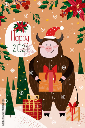 New Year card with zodiac pig in brown bull pajamas for 2021. Vector illustration of a pig on a beige background with a Christmas tree and gifts