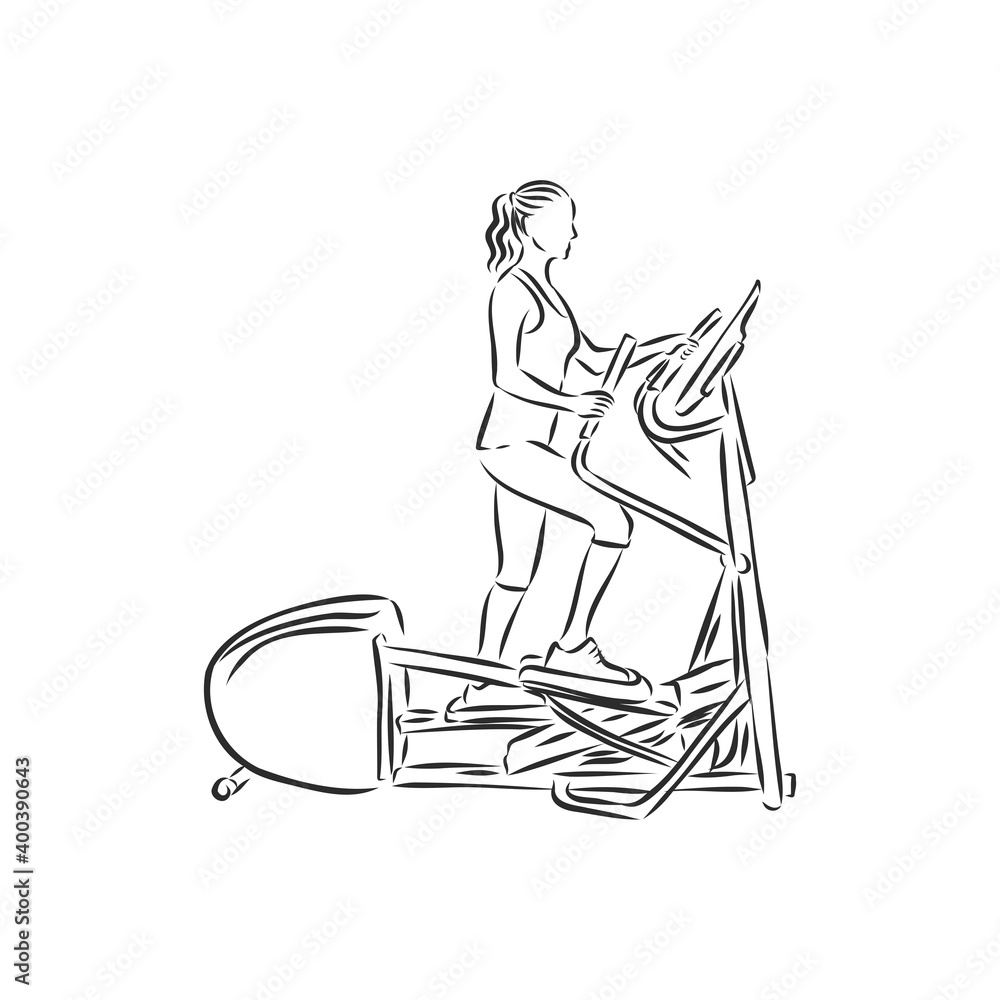 Obraz premium Hand drawn treadmill doodle. Sketch sports equipment and simulators, icon. Decoration element. Isolated on white background. Vector illustration.