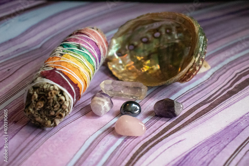 Sage Rainbow Smudge with shell and Crystals