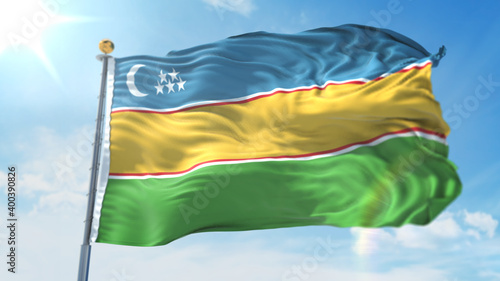 4k 3D Illustration of the waving flag on a pole of country Karakalpakstan