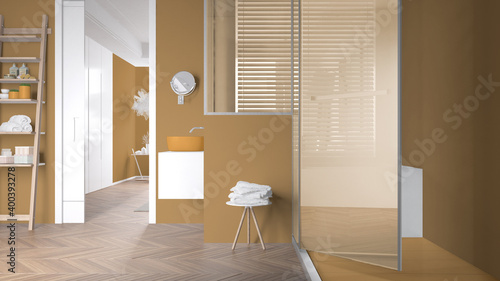 Minimalist bathroom in yellow tones with large shower with glass cabin, ladder shelf, side table with towels, herringbone parquet, window with venetian blinds, interior design concept