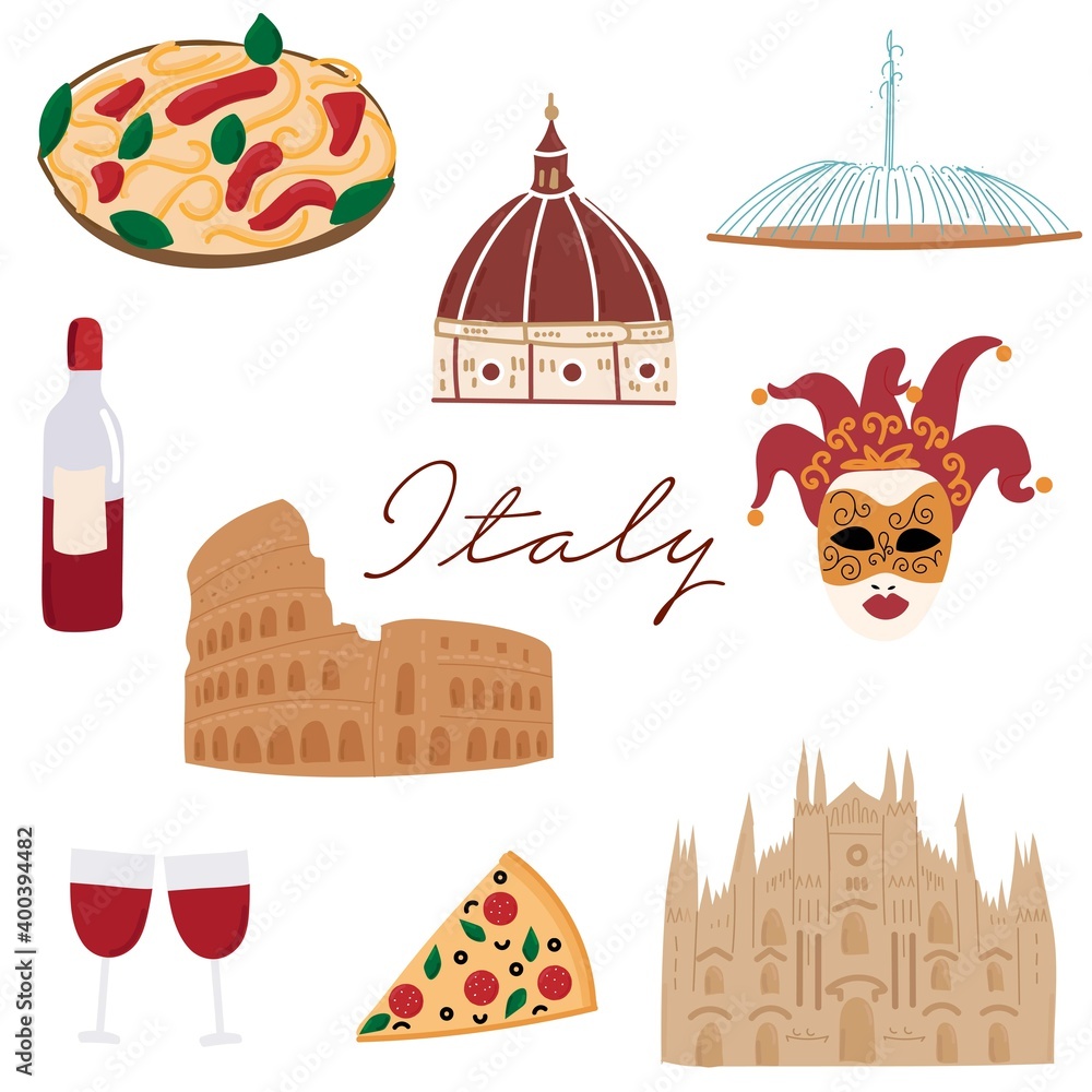 Italy Hand Drawn Cartoon Icons. Flat Travel Architecture. Fountains 