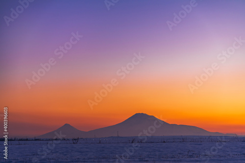 Winter landscape. The beautiful mountains on the sunset.