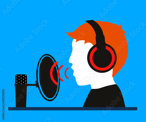A man with headphones speaks into a microphone through a pop filter. Vector illustration.