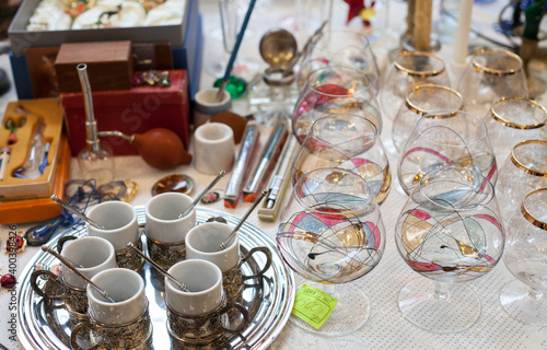 Kiev, Ukraine - December 19, 2020: silver dishes and dishes at a flea market