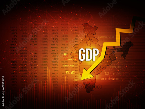 GDP downfall concept, GDP growth slow down illustration with Indian map and down arrow, rupee downfall concept abstract background photo