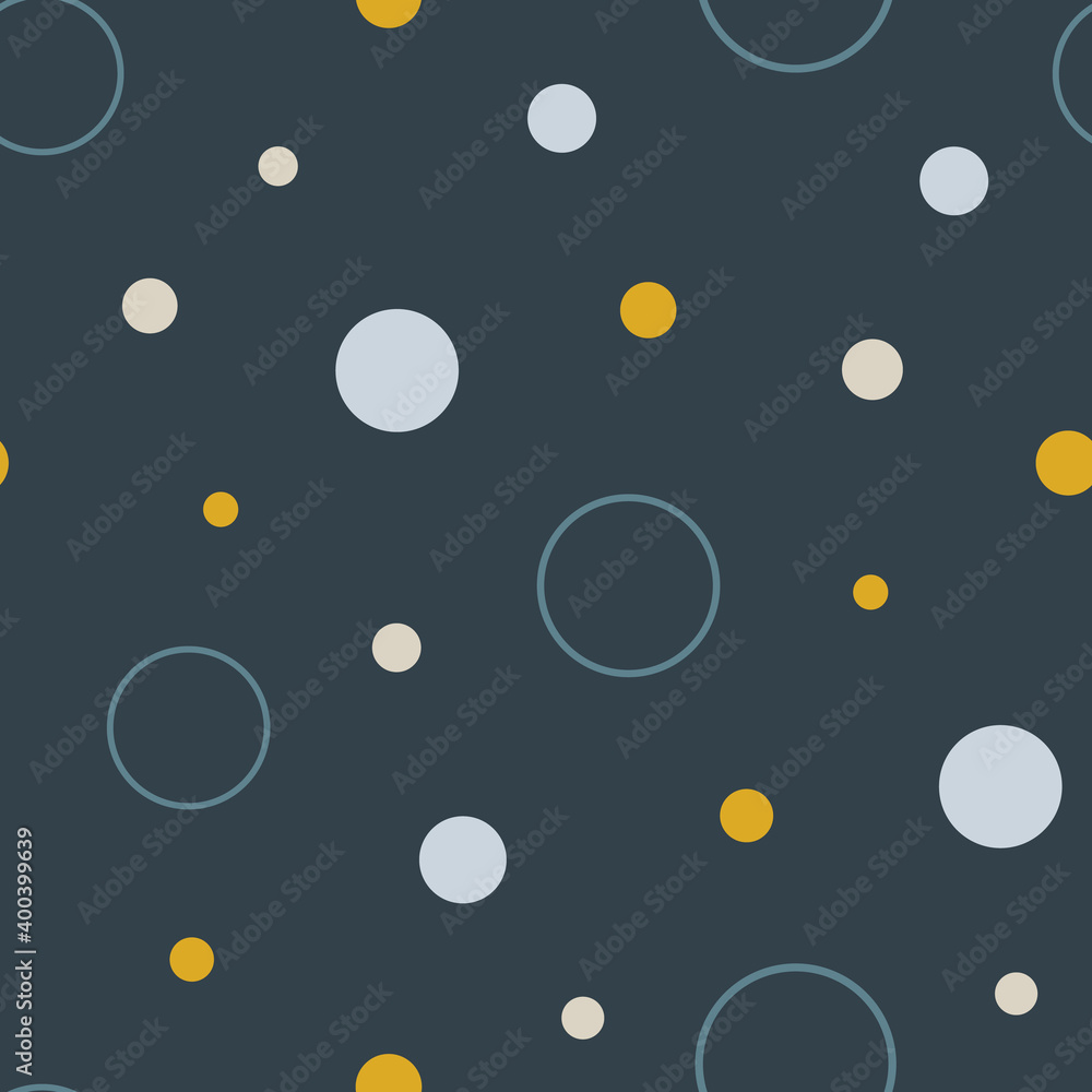 Space seamless repeat pattern. Hand-drawn dots and circles in different sizes on a dark blue background, vector illustration.