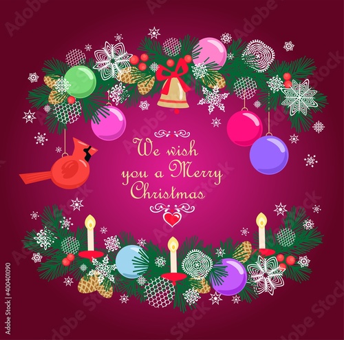 Christmas greeting craft card with paper cutting conifer green branches wreath with hanging colorful balls, gold jingle bell, northern cardinal red bird, cone, snowflakes and candles