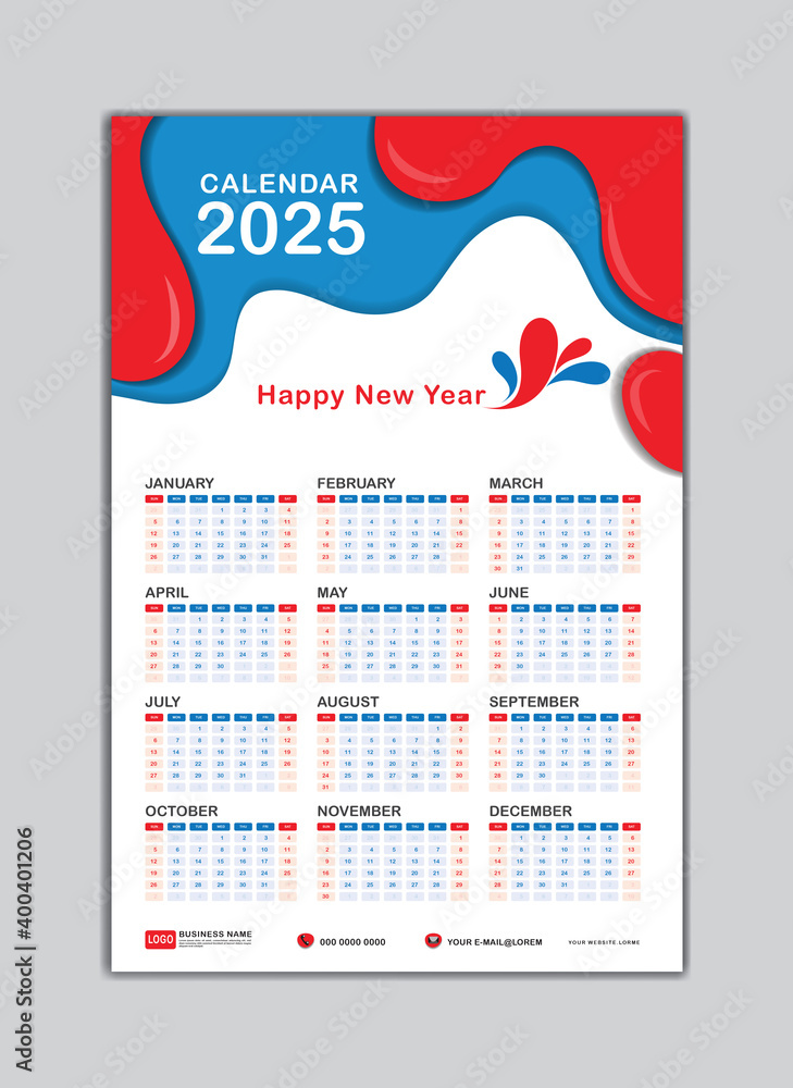 Wall Calendar 2025 template. Desk calendar 2025 template, calendar 2025
