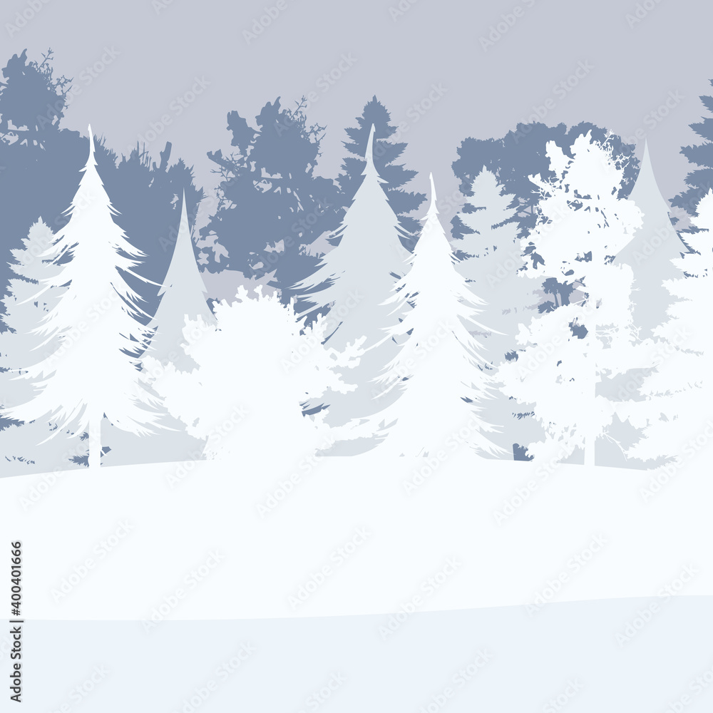 Snowy forest in a flat style. Winter in the forest background. Square postcard. Vector illustration.