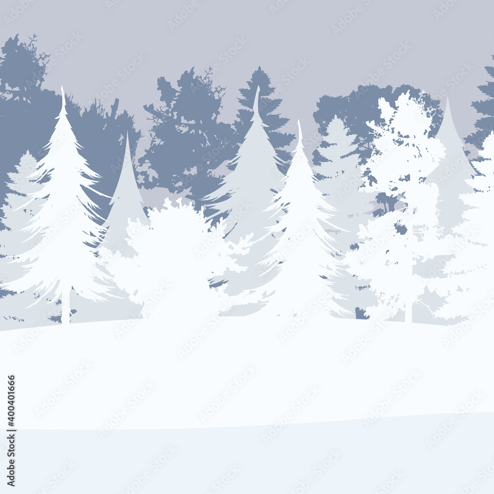 Obraz premium Snowy forest in a flat style. Winter in the forest background. Square postcard. Vector illustration.