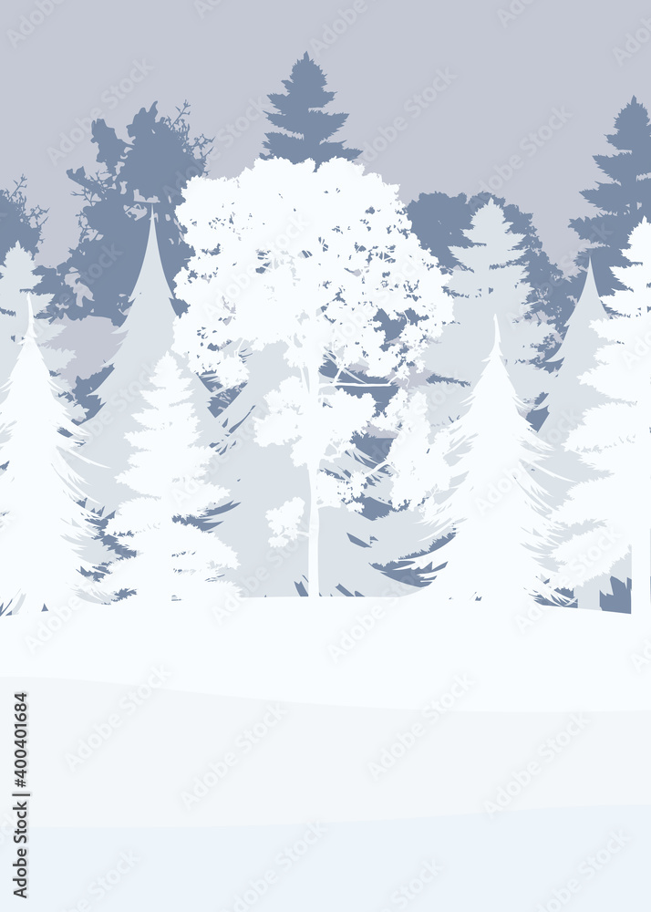 Fototapeta premium Snowy forest in a flat style. Winter in the forest background. Ready-made postcard for a winter theme. Vector illustration.